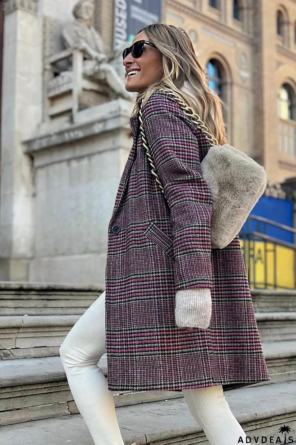 Pink Plaid Lapel Collar One Button Midi Coat