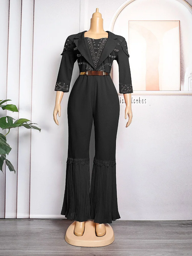 African Americans fashion QFY 2022 Autumn Shiny Long Jumpsuit African Women Plus Size Pleated Pants Party Rompers Ankara Dashiki Outfits Ladies Clothing Ankara Style QueenFunky