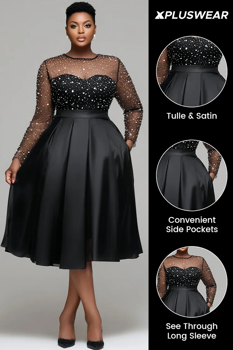 Xpluswear Design Plus Size Wedding Guest Satin Black Round Neck Long Sleeve See Through Elegant Pocket Tulle Midi Dresses [Pre-Order]