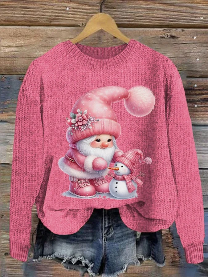 Women's Pink Gnome and Snowman Knitted Casual Sweater