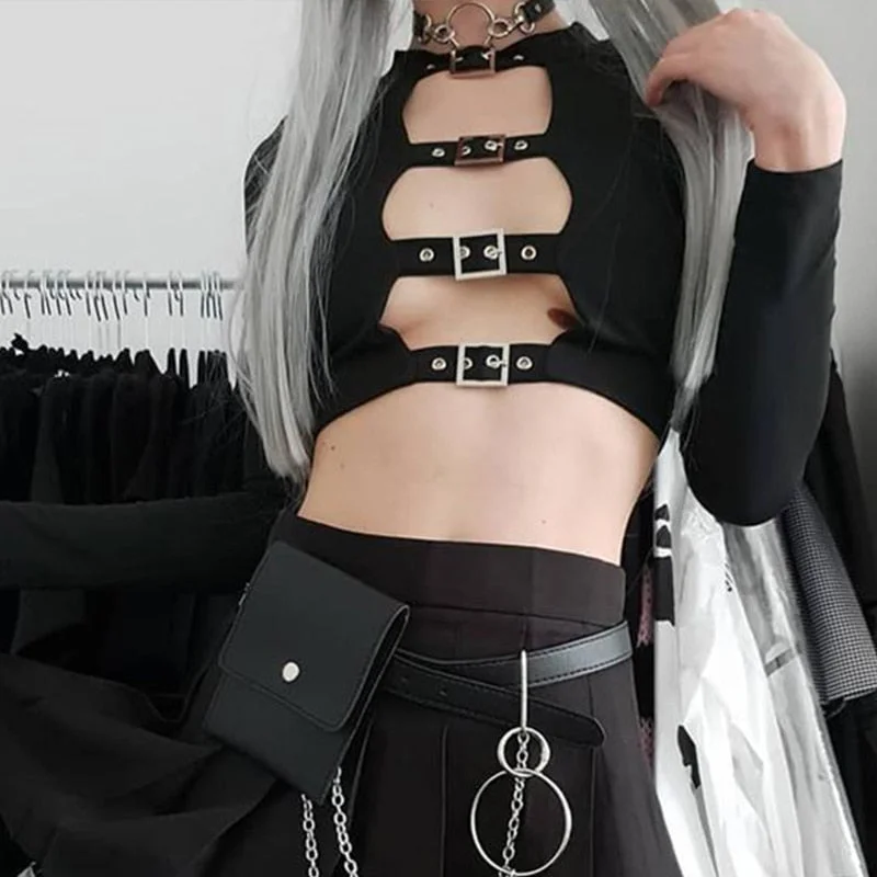InsGoth Sexy Women Crop Tops Hollow Out Buckle Long Sleeve Female Bodycon Tops Gothic Punk Black Tops Streetwear Party Lady Tee