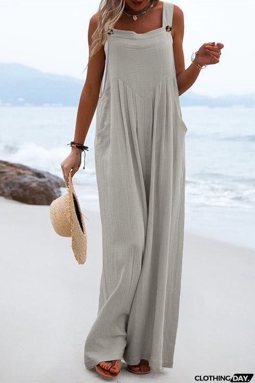 Solid Button Sling Wide-Leg Jumpsuit