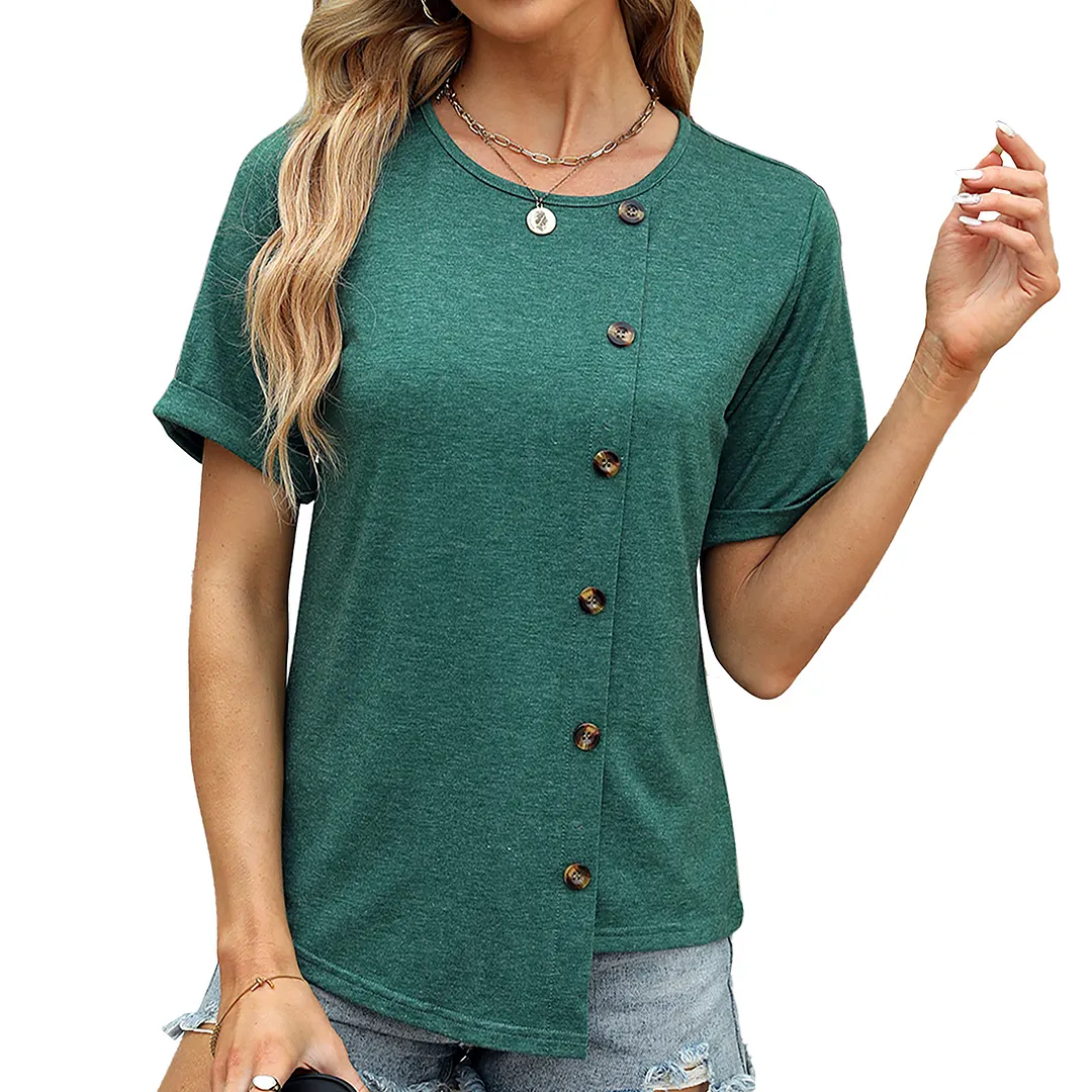 Churchf Churchf 2024 New Round Collar Button Irregular Splicing Loose T-Shirt Women