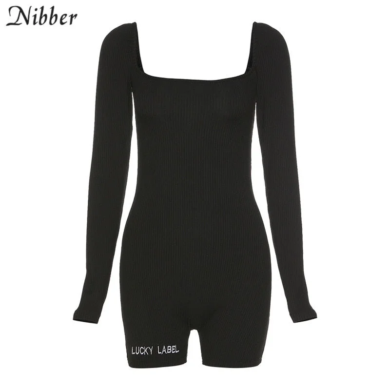 Nibber high street casual knitting playsuits femme 2020 summer black simple stretch Slim Elegant short jumpsuit pure Active Wear