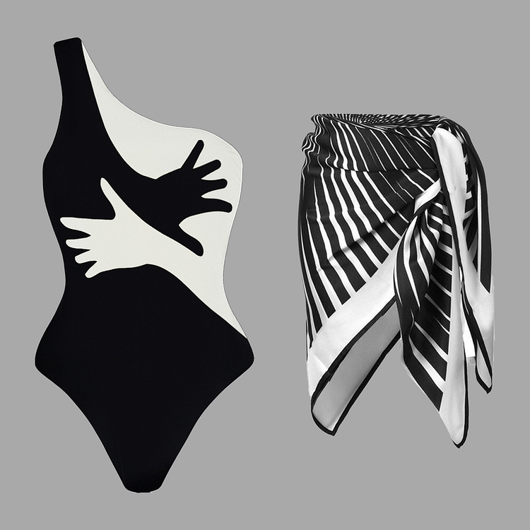 Black and White Contrast Palm Printed One Piece Swimsuit and Sarong（Shipped on Jul 20th）