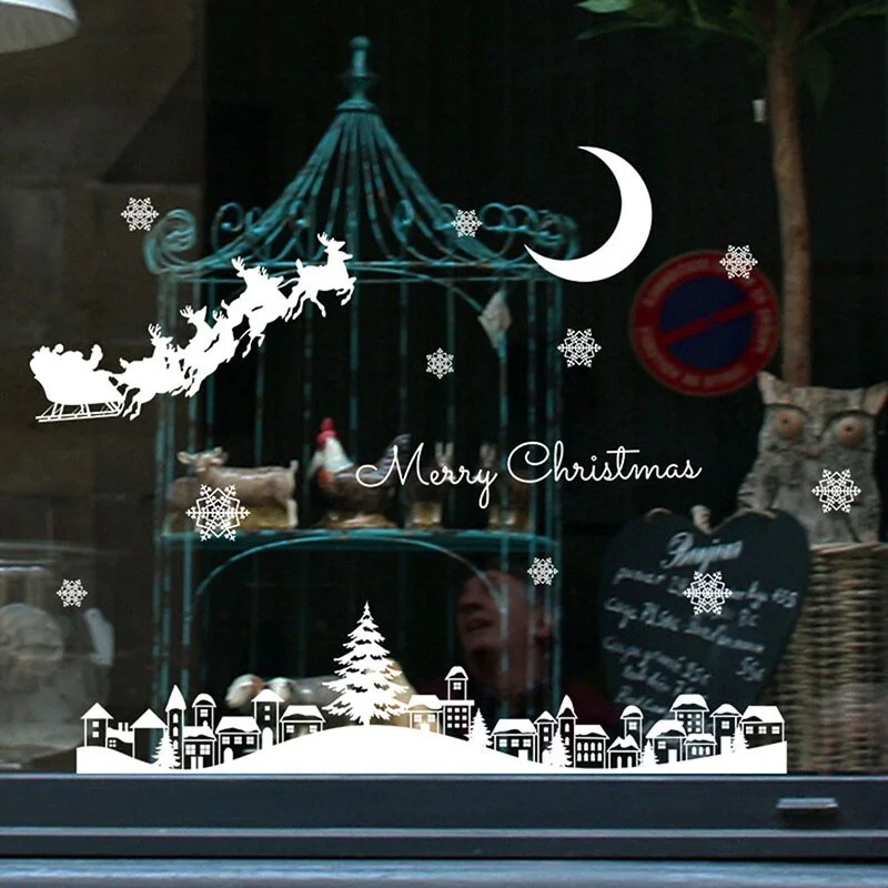 Sdrawing Moon Night electrostatic Stickers snowflake Elk Glass Window wall stickers Xmas Decorative Design Decor Home Decals