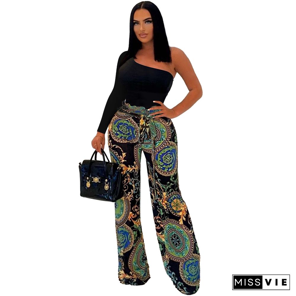 Single Shoulder Patchwork Lace Up Wide Leg Jumpsuits