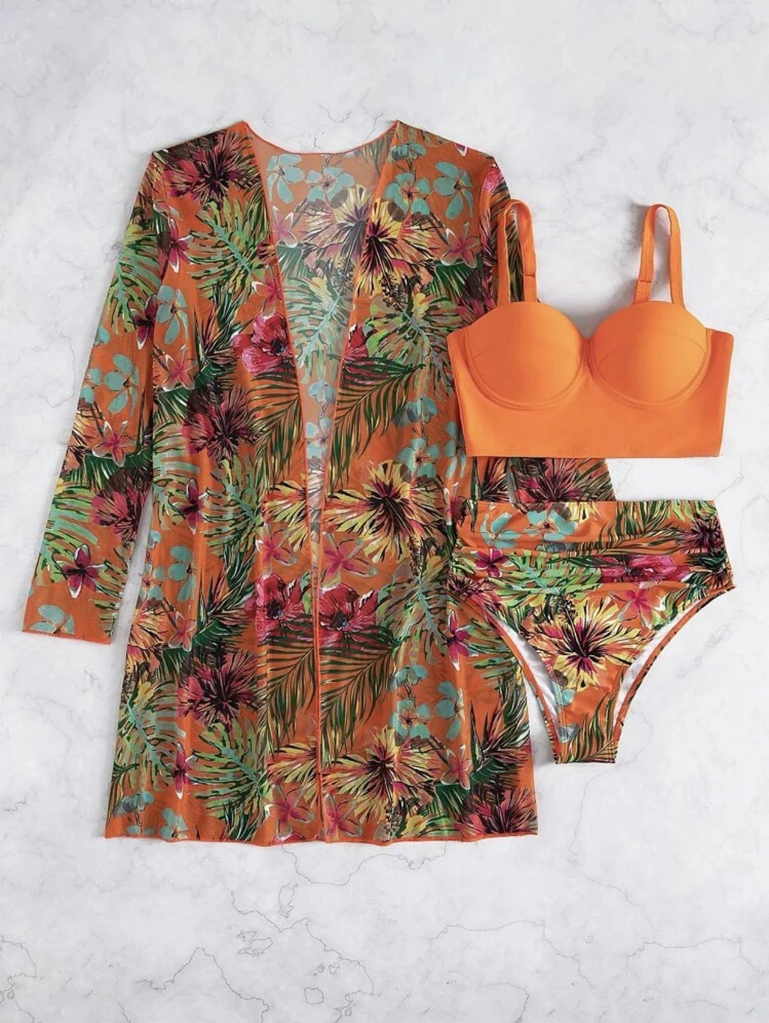 Uveng Uveng New Sexy Bikini Mesh Three-Piece Set Gathered Print Split Swimsuit Woman