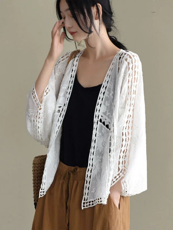Seven-Quarter Sleeves Crochet Hollow Solid Color Outerwear