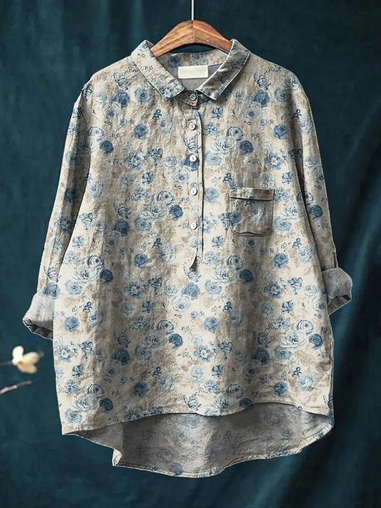 Vintage Blue Rose Repeat Pattern Printed Womens Casual Cotton And Linen Shirt