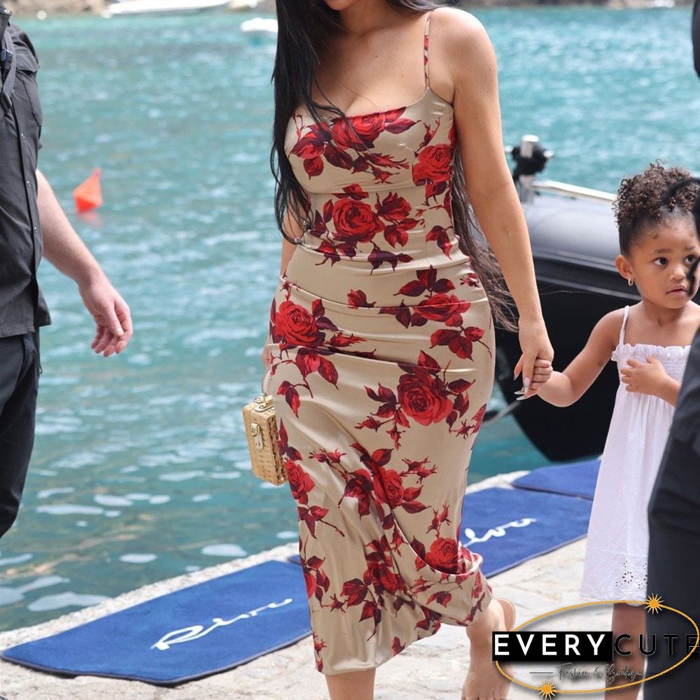 Flower Print Strap Bodycon Midi Prom Dress Sexy Women Summer New Elegant Outfit Wedding
