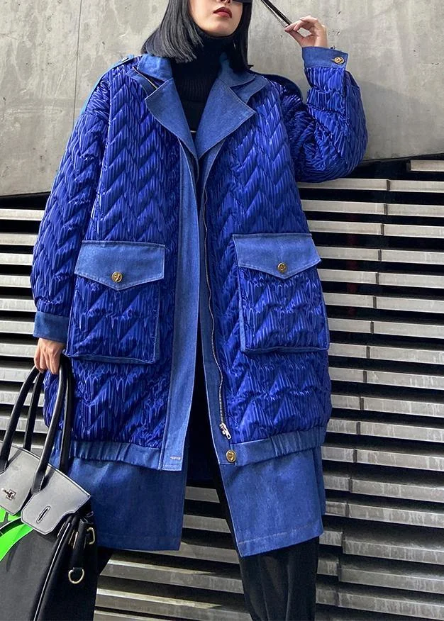 trendy plus size Coats winter outwear blue lapel zippered Parkas for women