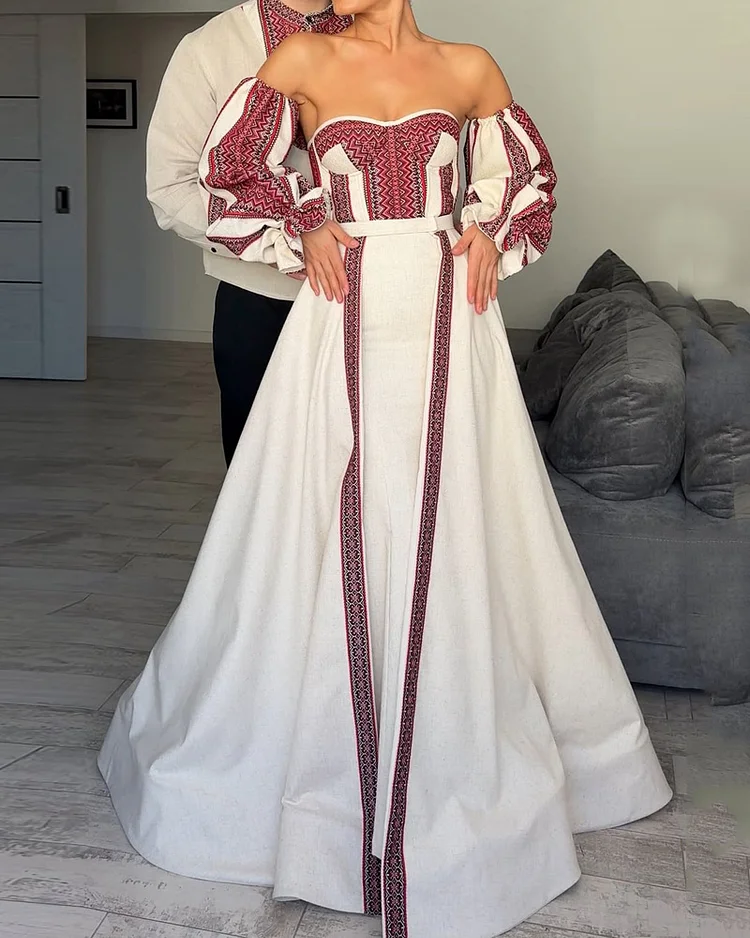 Off-shoulder printed waist-hugging two-piece suit