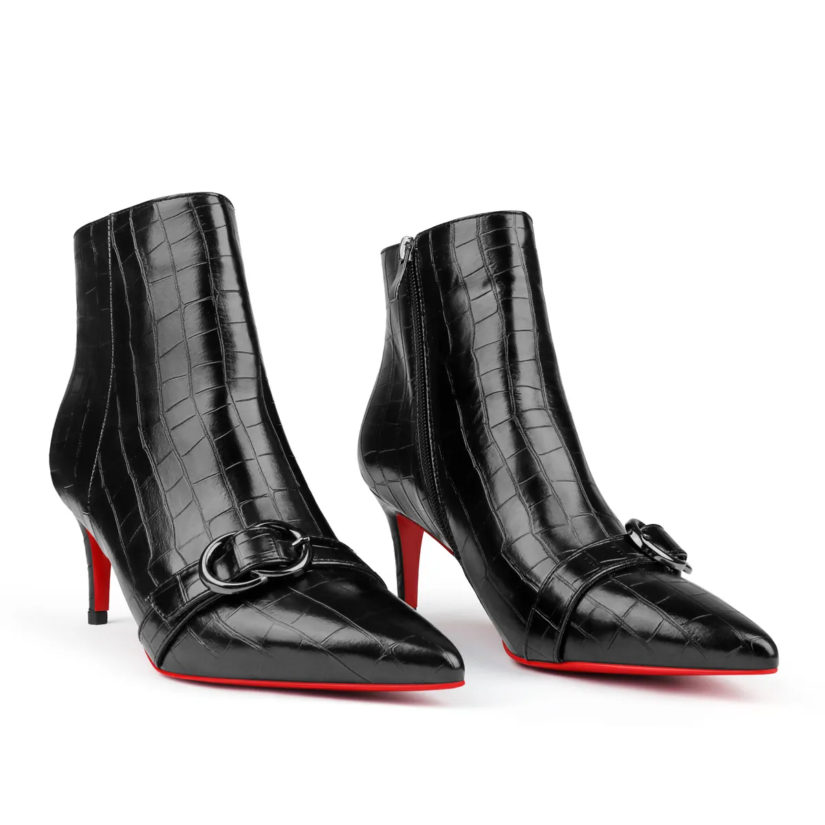 60mm Women's Pointed Toe Croc Pattern Kitten Heel Single Strap Red Bottom Booties-vocosishoes