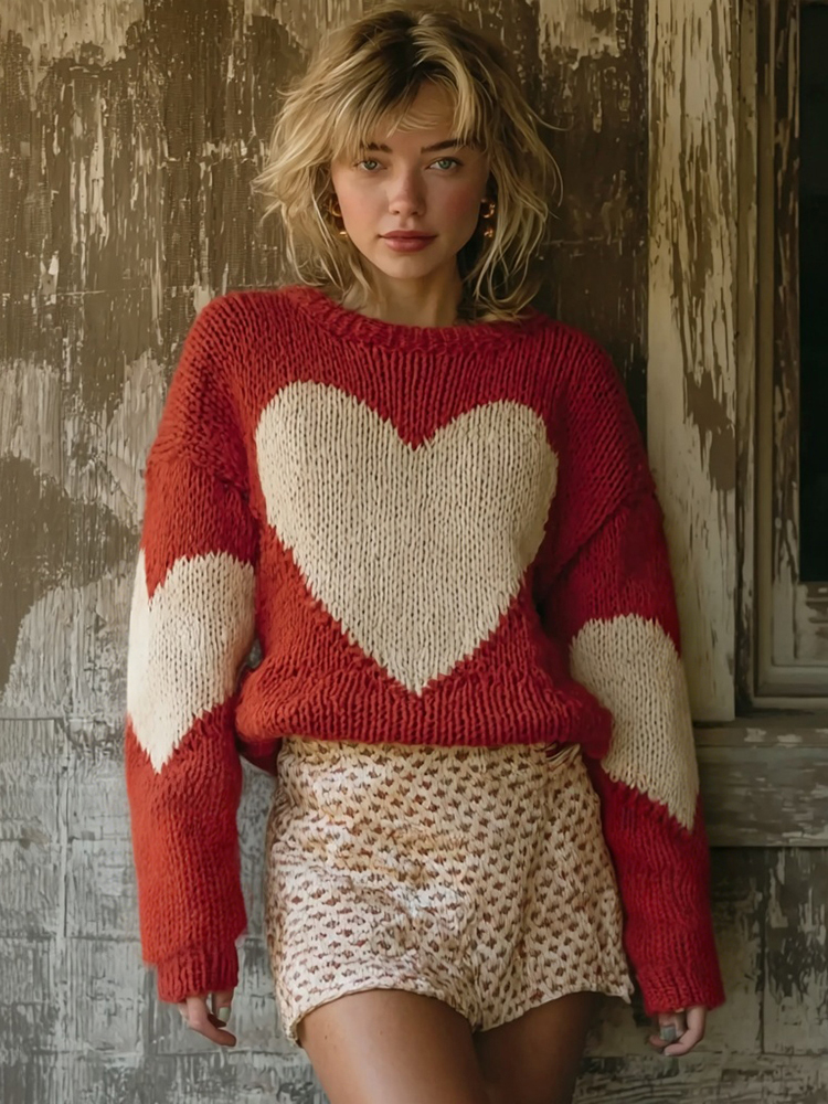 Retro Valentine's Day Hearts Pattern Cozy Knit Sweater wearshes