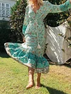 Floral-Print Long Sleeve Belted Bohemia Maxi Dress