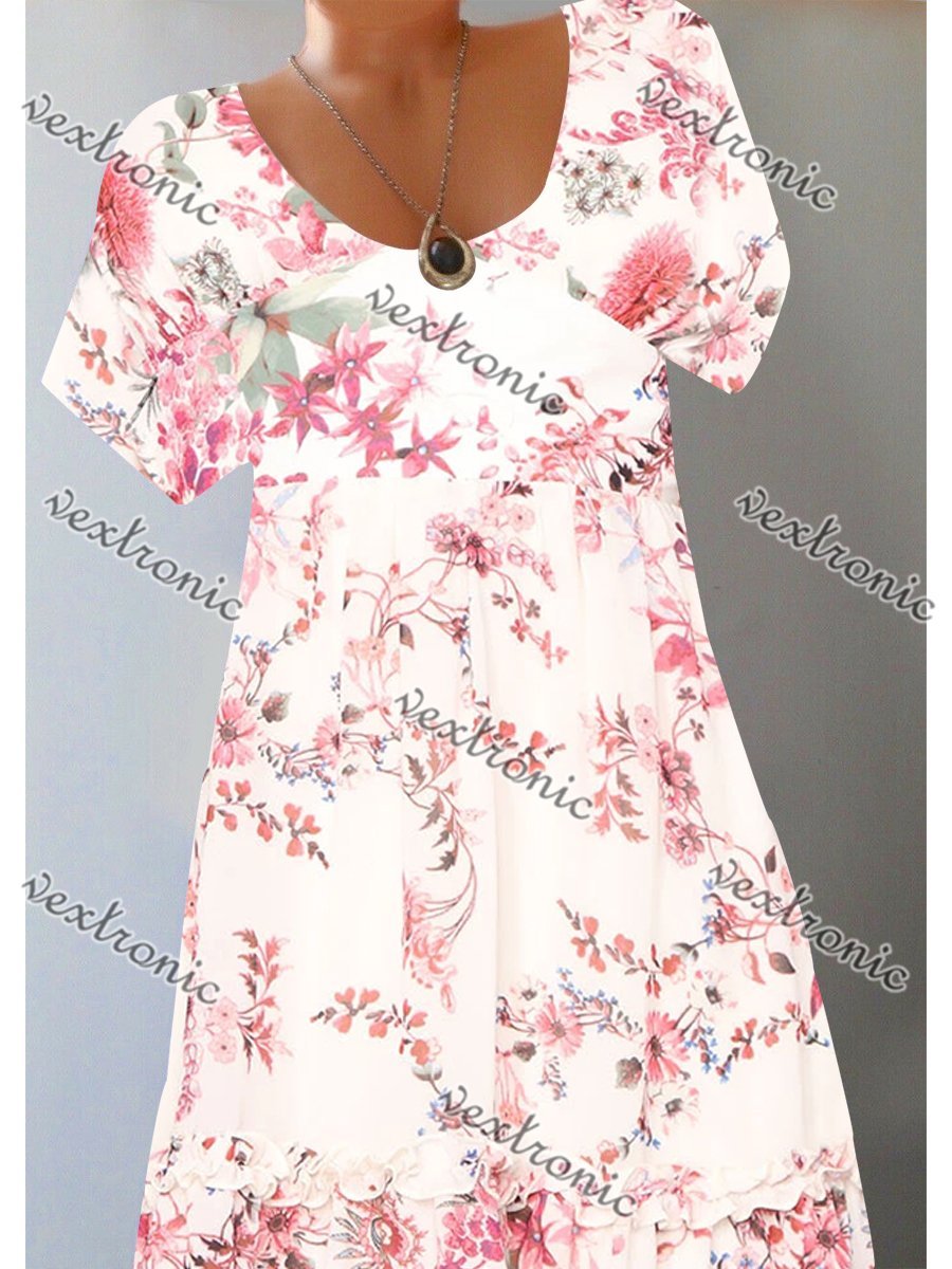 Women's Short Sleeve Scoop Neck Floral Printed Midi Dress