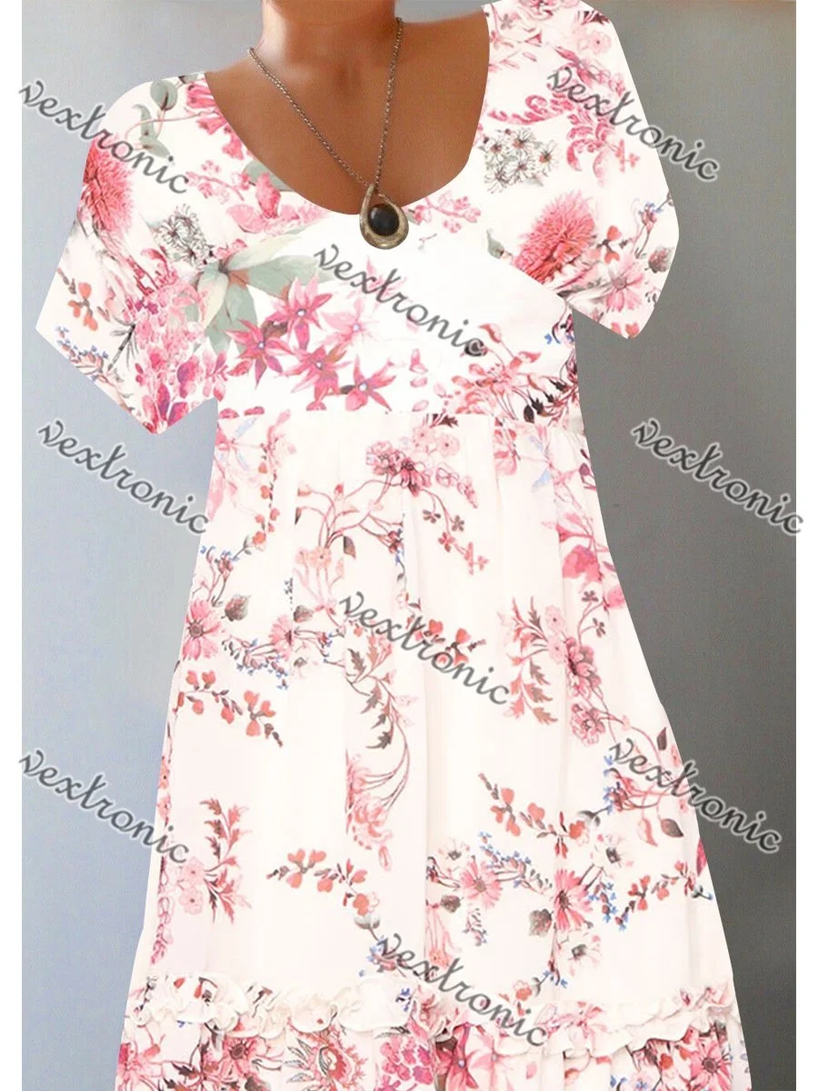 Women's Short Sleeve Scoop Neck Floral Printed Midi Dress