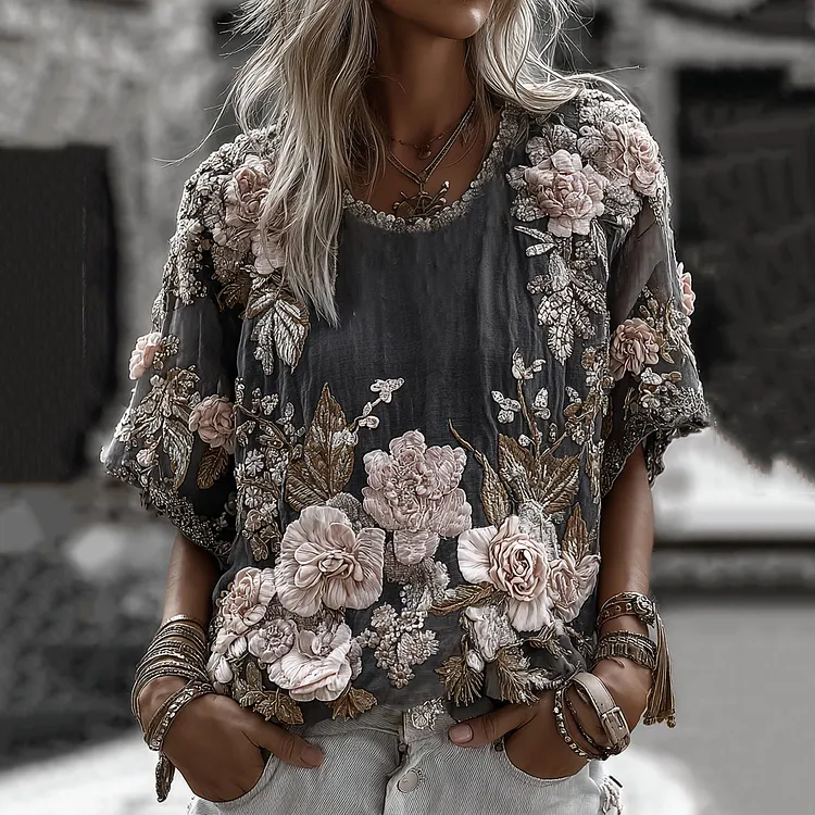Women's Vintage Floral Art Comfy Short Sleeve Linen Blend T-shirt