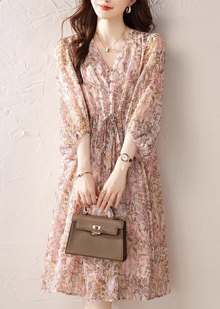 Loose Pink V Neck Print Drawstring Chiffon Dress Summer
