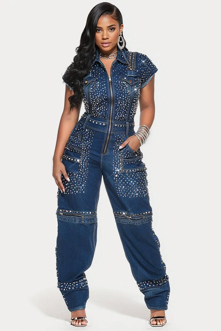 Xpluswear Design Plus Size Party Blue Shirt Collar Short Sleeve Zipper Drilling Denim Jumpsuits [Pre-Order] 2024 - Xpluswear