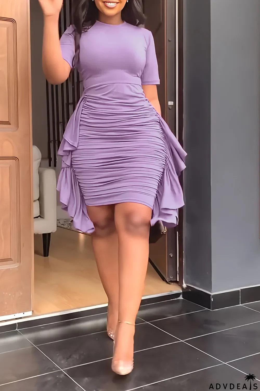 Brown Fashion Solid Flounce Fold O Neck Pencil Skirt Dresses