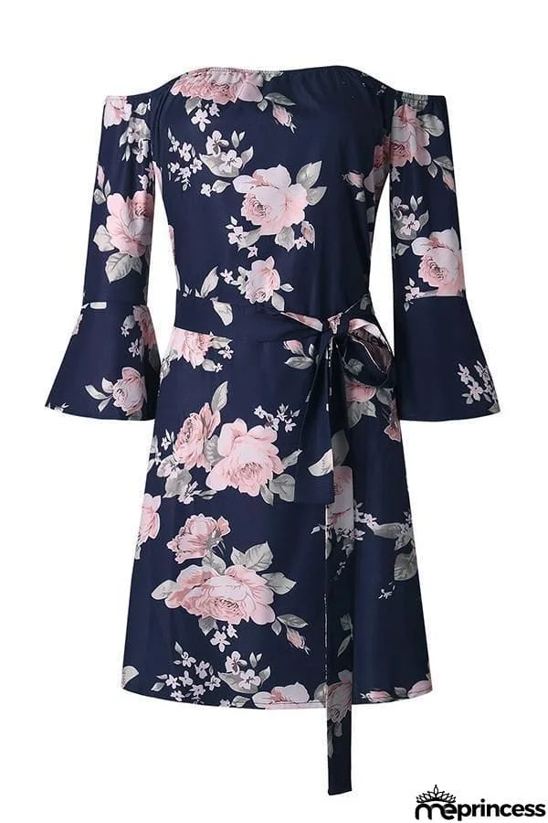 Bateau Neck Floral Printing Mini Dresses