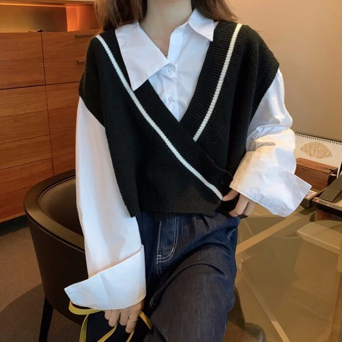 Sweater Vest Women Patchwork V-neck Single Button Stylish Office Ladies Elegant Korean Ulzzang Streetwear Chic Leisure Outwear