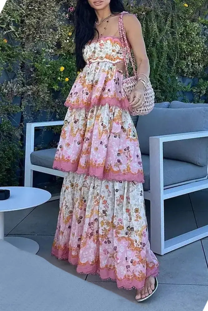 Casual Floral Print Ruffle Strapless Cake Skirt Dresses Pink / S Dresses/Floral