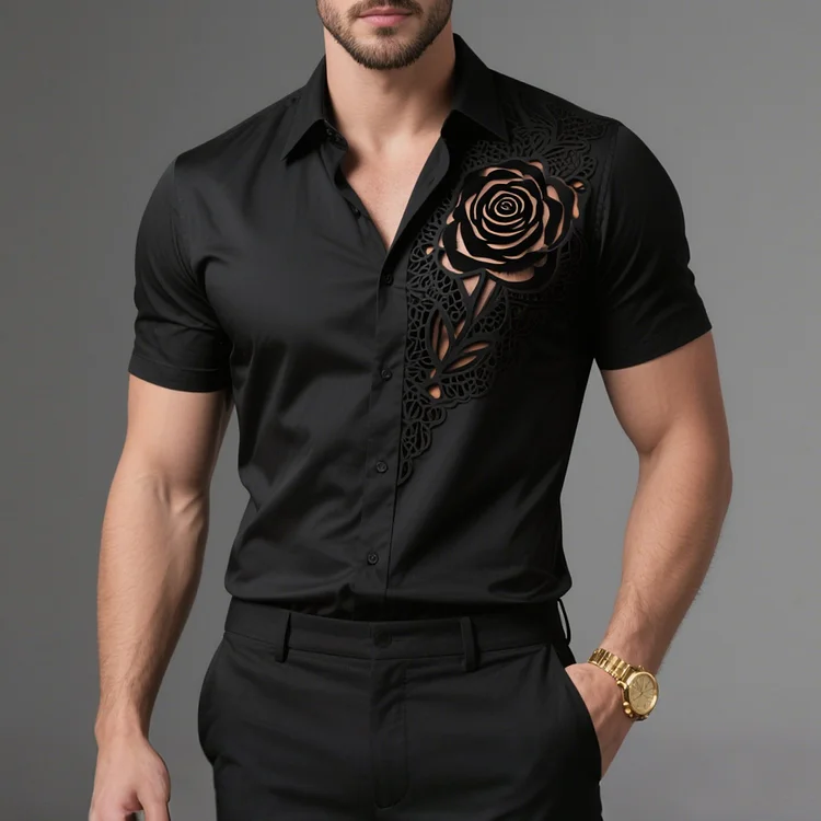 Okaywear Floral Burn-Out Turndown Collar Button Short Sleeve Shirt 