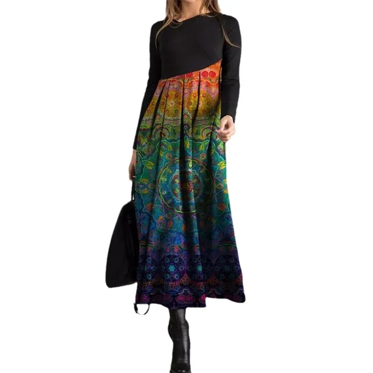 Printed Long Sleeve Temperament Slim Long Dresses