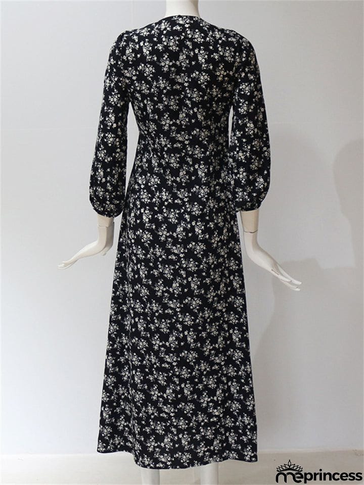 Classy High Waisted Vintage Floral V Neck Long Dresses For Women