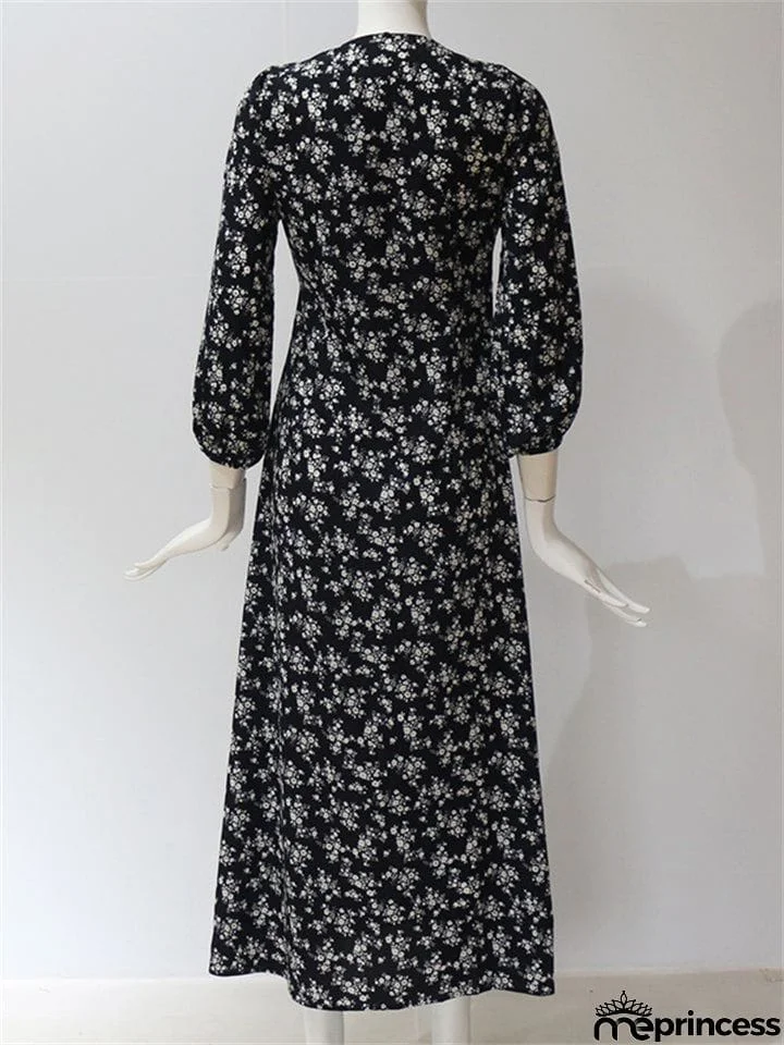 Classy High Waisted Vintage Floral V Neck Long Dresses For Women