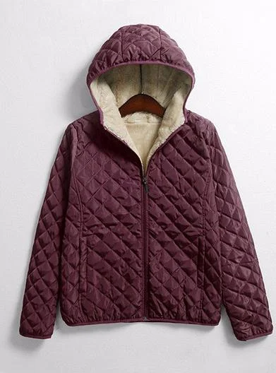 FTLZZ Winter Casual Short Cotton Coats Women Hooded Diamonds Partern Artificial Fleece Inside Outwear Femme Slim Overcoat