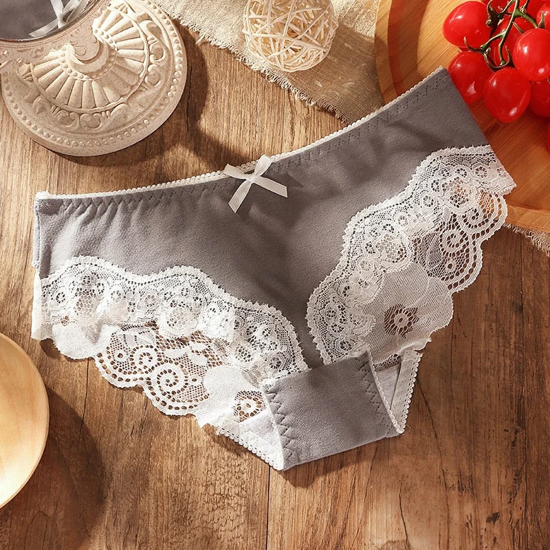 Women's Cotton Underwear Plus Size Women's Bow Panties Sexy Lace Underpants Mid Waist Hollow Out Briefs Female Sexy Lingerie