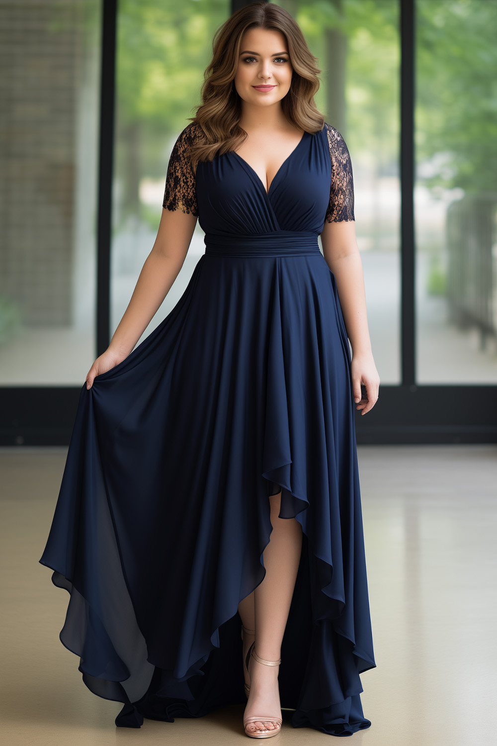 Flycurvy Plus Size Wedding Guest Navy Blue Chiffon Lace Wrap High Low Hem Maxi Dress