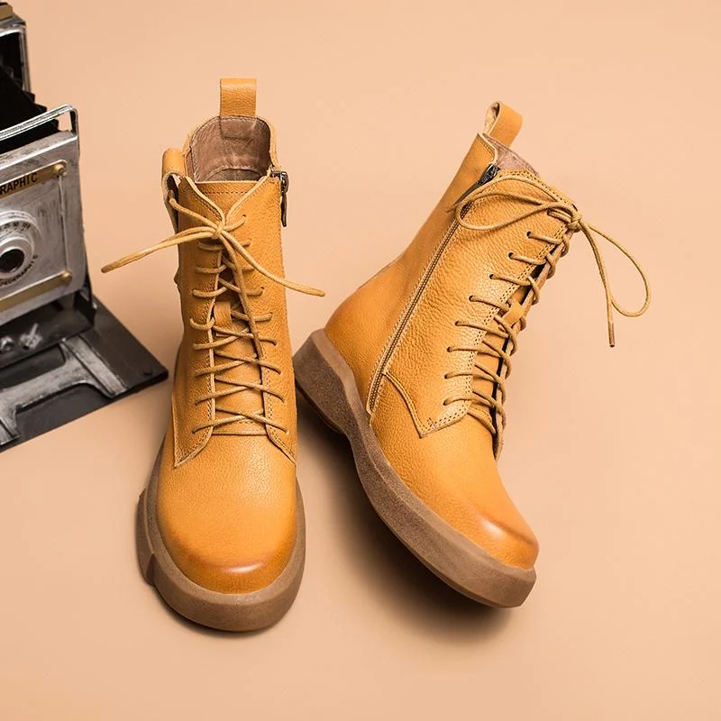 Leather Martin Boots Designer Retro Chunky Riding Boots Side Heart Shape Handmade Coffee/Black/Yellow