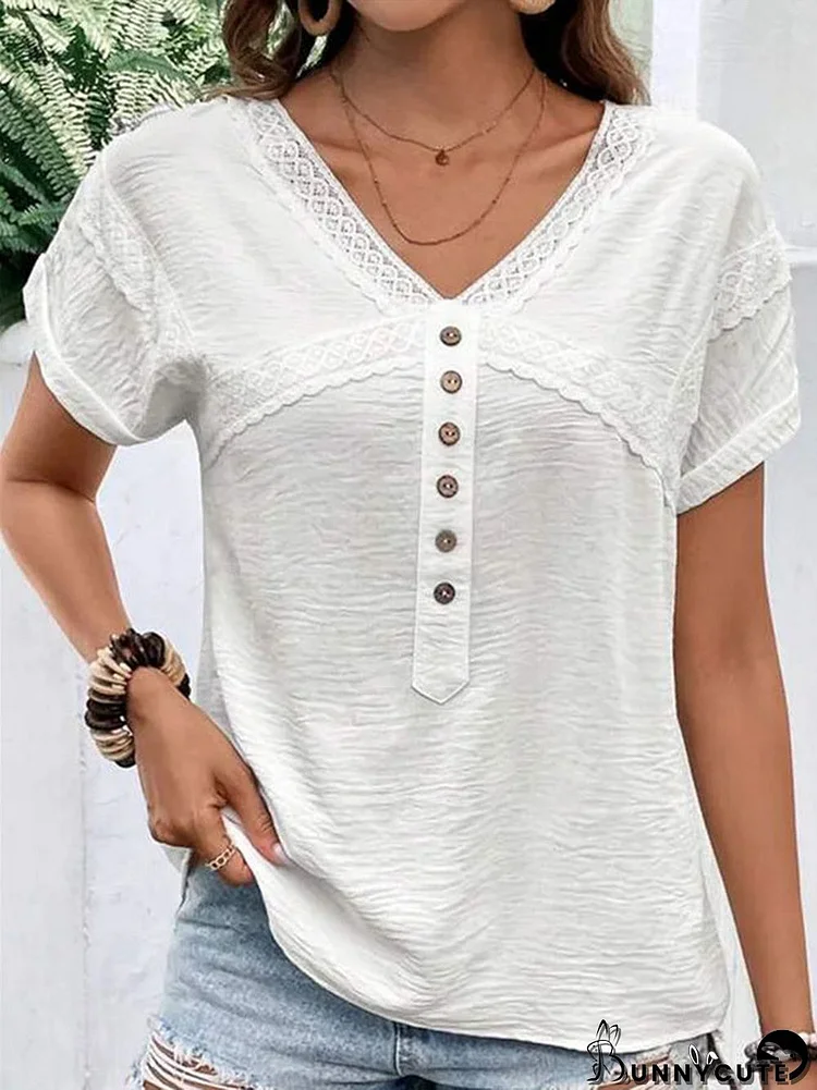Women's Button Solid Color V-Neck Short Sleeve Top
