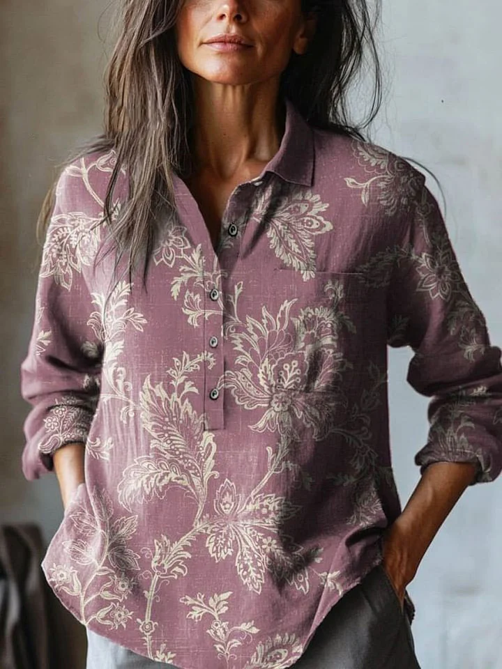 Women's Vintage Lovely Floral Art Print Casual Cotton And Linen Shirt