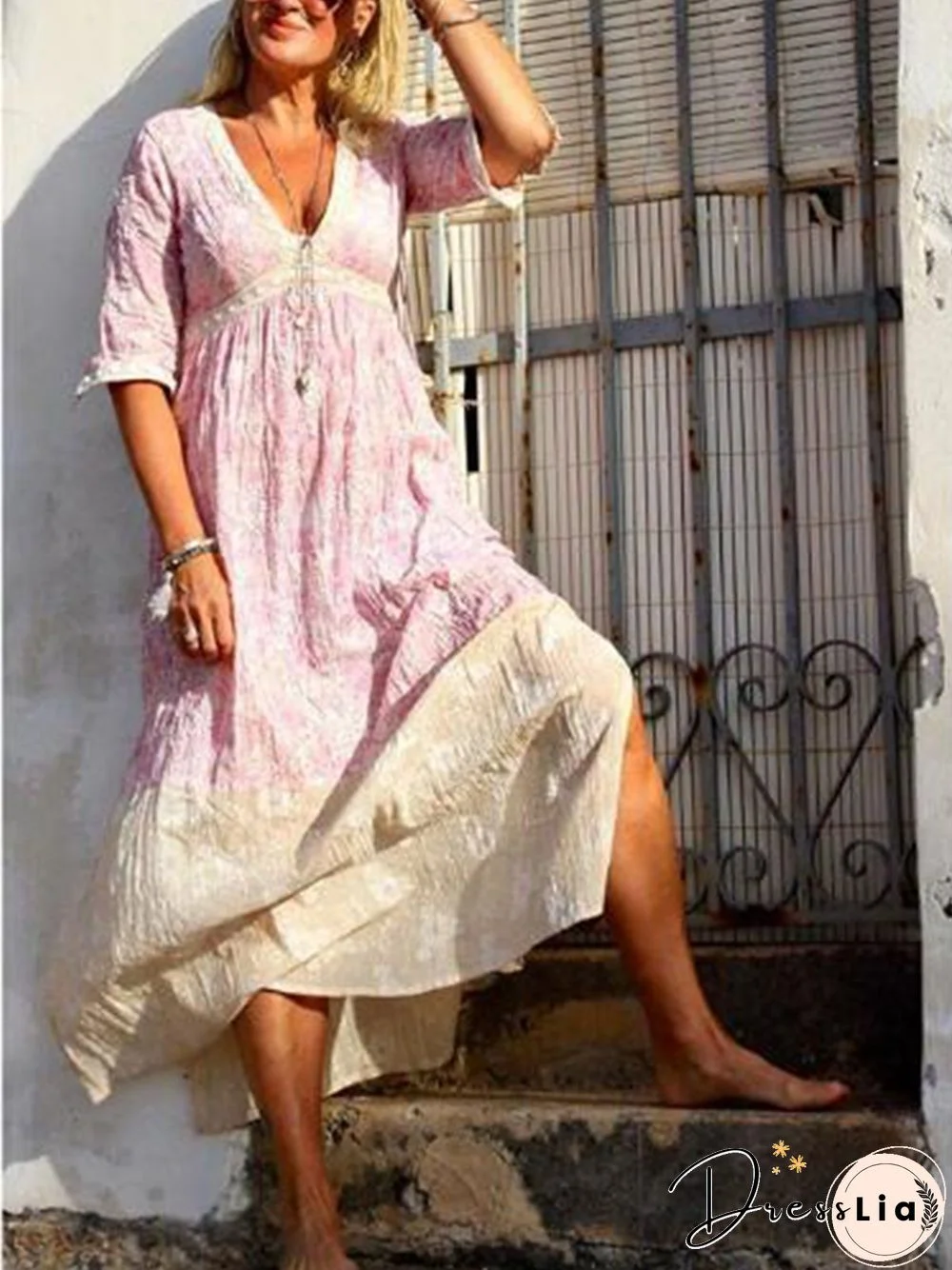 Pink Printed V Neck Boho Weaving Dress for Women