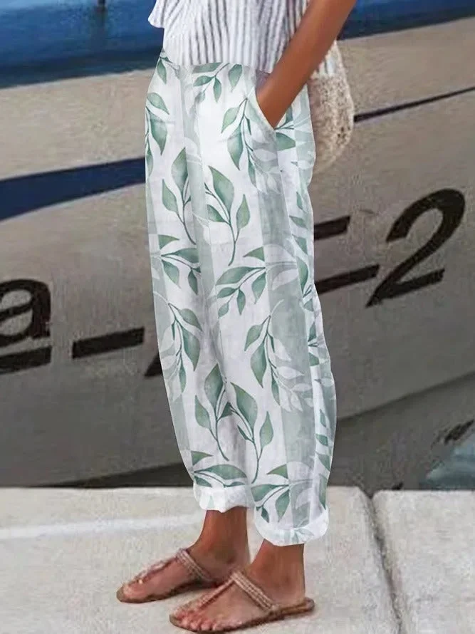 Fashionable Casual Leaves Printed Loosen Pants