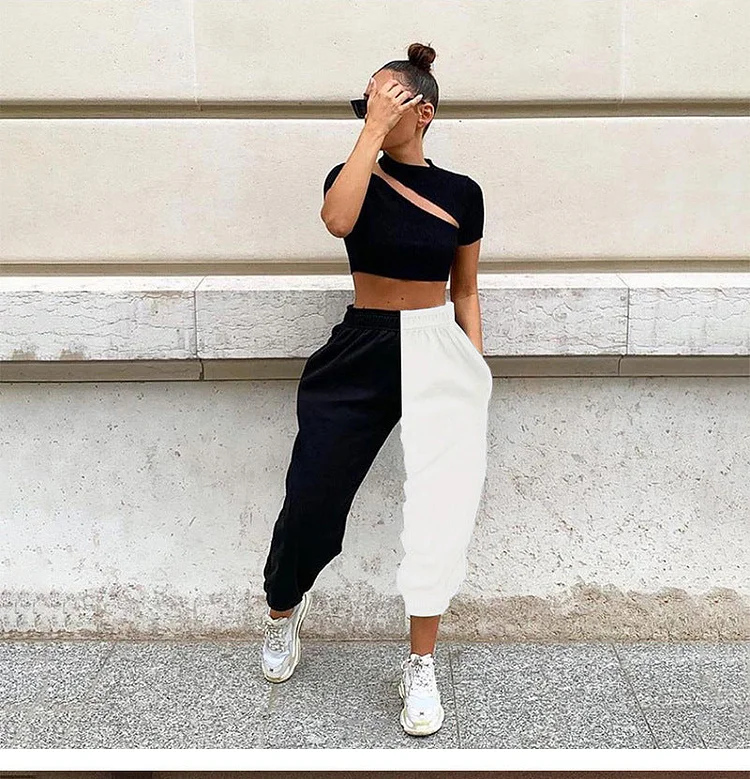 Black and White Contrast High Waist Casual Pants