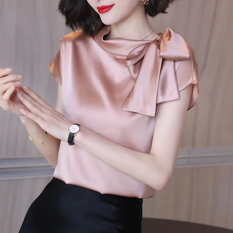 Elegant Vintage Bow Satin Short Sleeve Shirt Women Clothing Fashion Office Lady Commuter All-match Loose Pullover Blouse Female