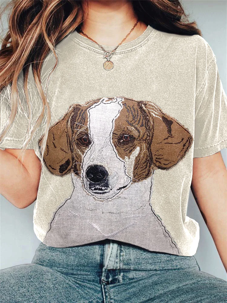 VChics Raw Edge Applique Dog Pattern Casual T-Shirt