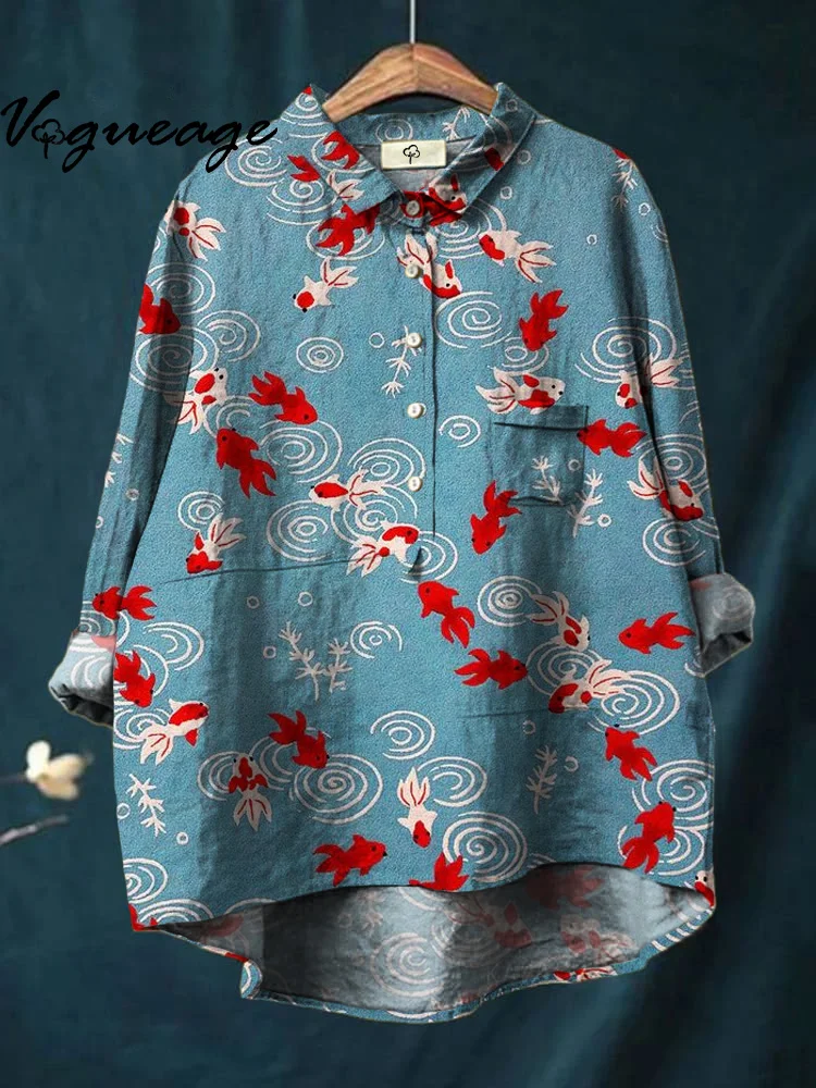 Casual Fashion Small Goldfish Water Pattern Print Cotton And Linen Shirt