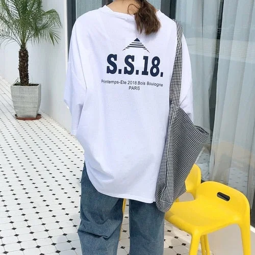 Harajuku oversized Tshirt Simple letter print Basic T Shirt Women Casual blue Tops Loose White Summer Short Sleeve long T-shirts