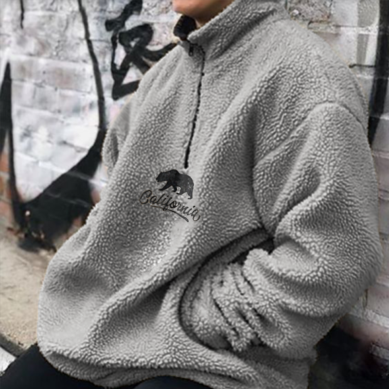 Men's CALIFORNIA Bear Embroidered Lamb Velvet Sweatshirt、、URBENIE