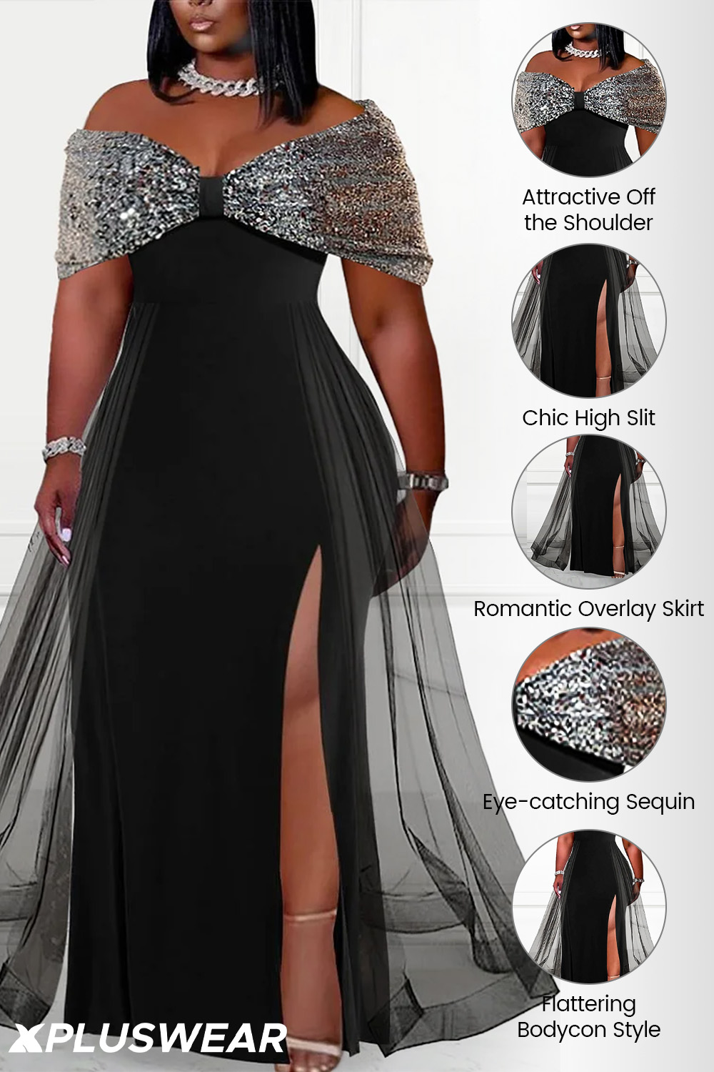 Plus Size Black Formal Sequin Off The Shoulder Tulle High Slit Overlay Skirt Maxi Dresses
