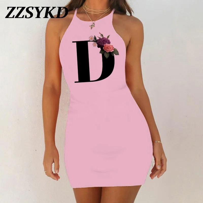 26 English Alphabet Print Summer Sexy Clothes Women Dresses 2020 Plus Size Dress Bodycon Evening Party O-Neck Pink Mini Vestidos