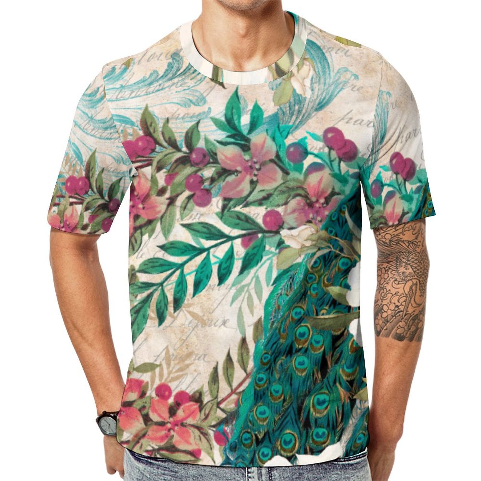 Vintage Teal Peacock And Pink Floral Short Sleeve Print Unisex Tshirt Summer Casual Tees for Men and Women Coolcoshirts